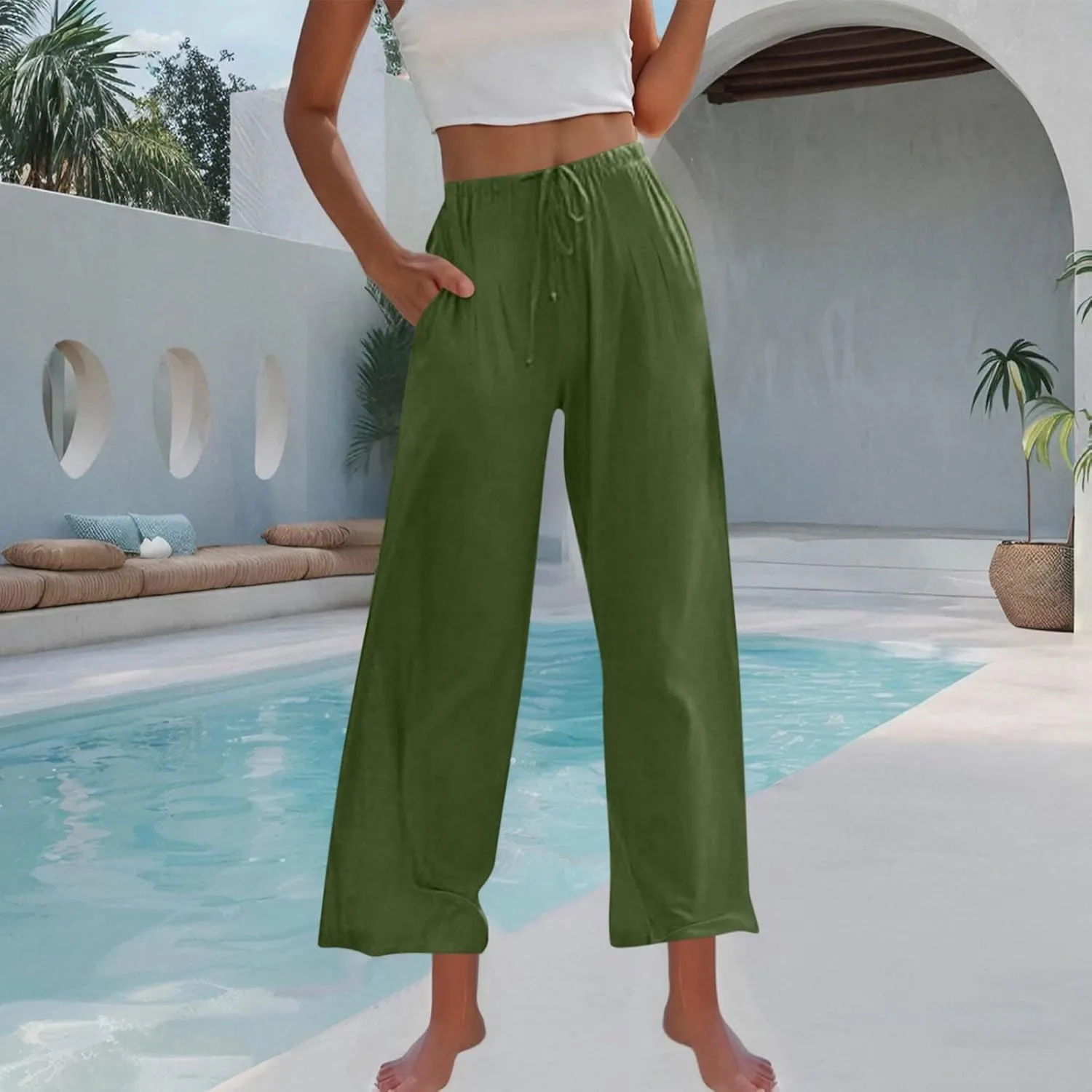 Wide Leg Palazzo Pants for Women High Elastic Waist Flowy Linen Pants Drawstring Loose Beach Trousers with Pockets
