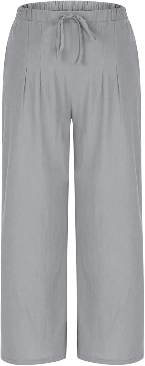 Wide Leg Palazzo Pants for Women High Elastic Waist Flowy Linen Pants Drawstring Loose Beach Trousers with Pockets