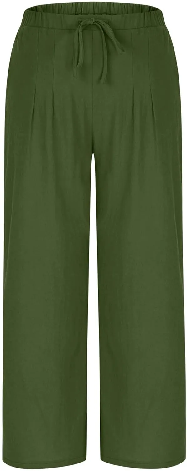 Wide Leg Palazzo Pants for Women High Elastic Waist Flowy Linen Pants Drawstring Loose Beach Trousers with Pockets