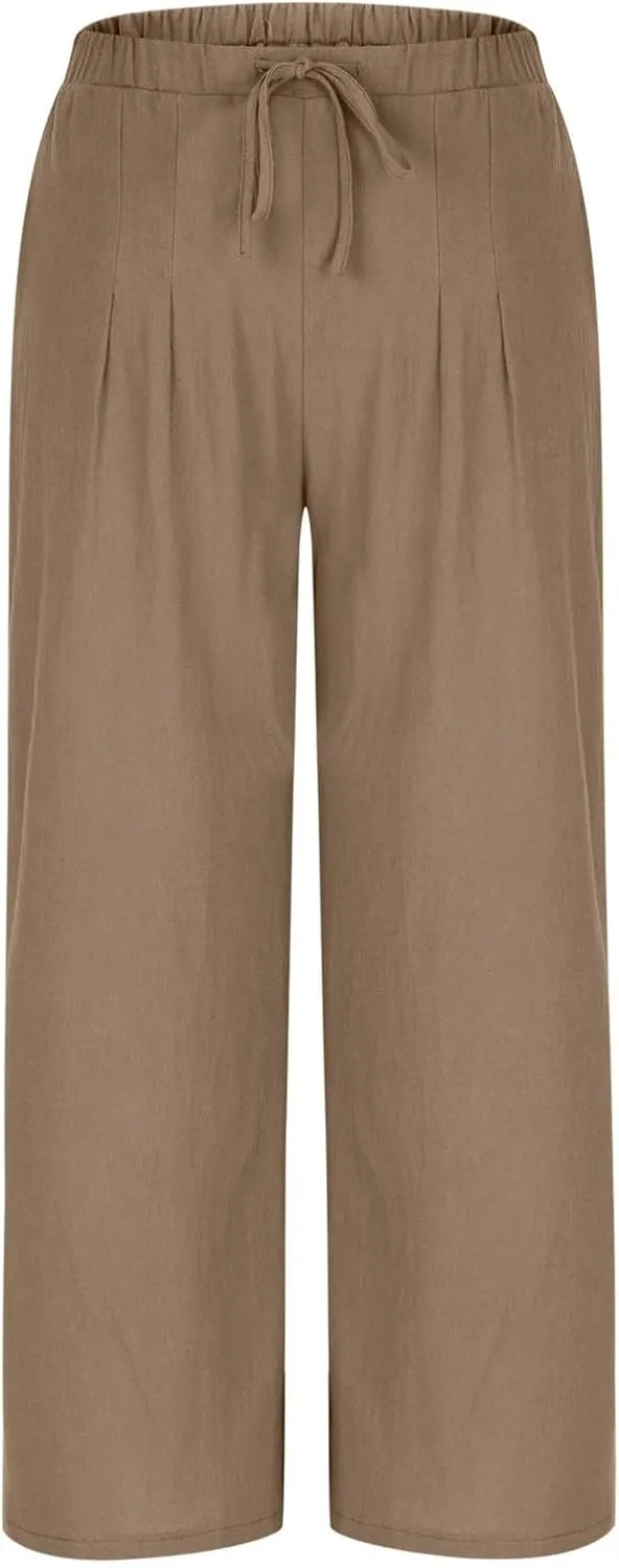 Wide Leg Palazzo Pants for Women High Elastic Waist Flowy Linen Pants Drawstring Loose Beach Trousers with Pockets