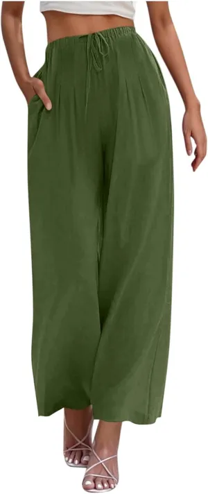Wide Leg Palazzo Pants for Women High Elastic Waist Flowy Linen Pants Drawstring Loose Beach Trousers with Pockets