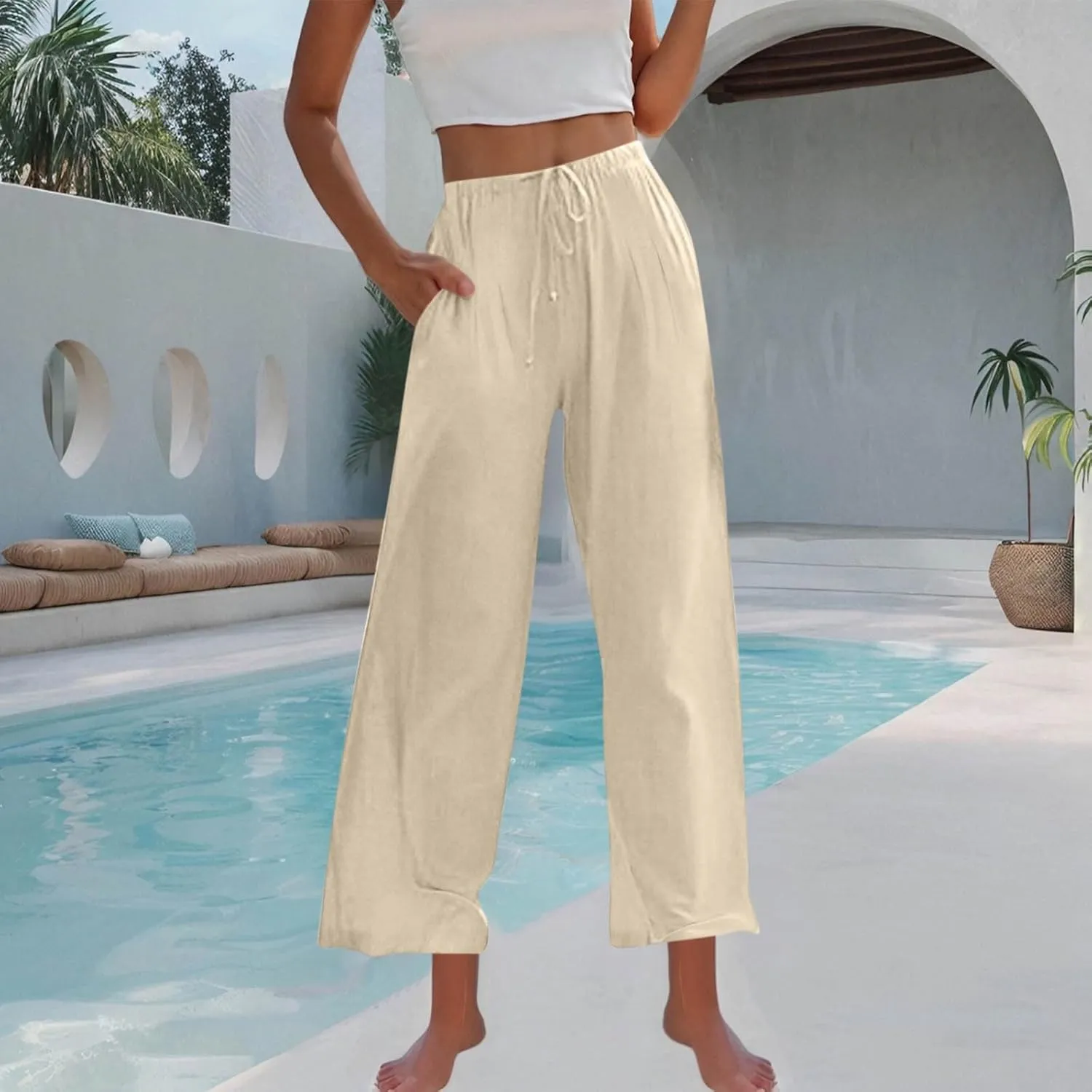 Wide Leg Palazzo Pants for Women High Elastic Waist Flowy Linen Pants Drawstring Loose Beach Trousers with Pockets