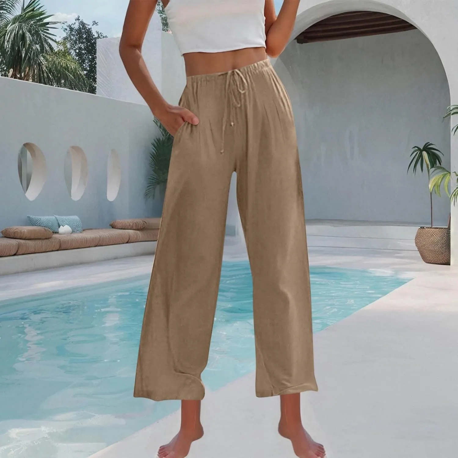 Wide Leg Palazzo Pants for Women High Elastic Waist Flowy Linen Pants Drawstring Loose Beach Trousers with Pockets