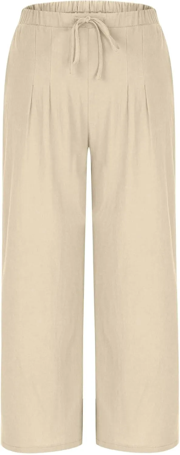 Wide Leg Palazzo Pants for Women High Elastic Waist Flowy Linen Pants Drawstring Loose Beach Trousers with Pockets