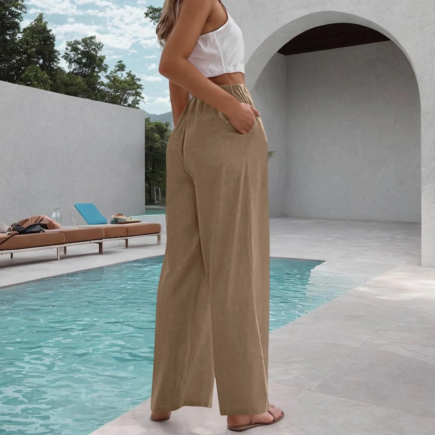Wide Leg Palazzo Pants for Women High Elastic Waist Flowy Linen Pants Drawstring Loose Beach Trousers with Pockets