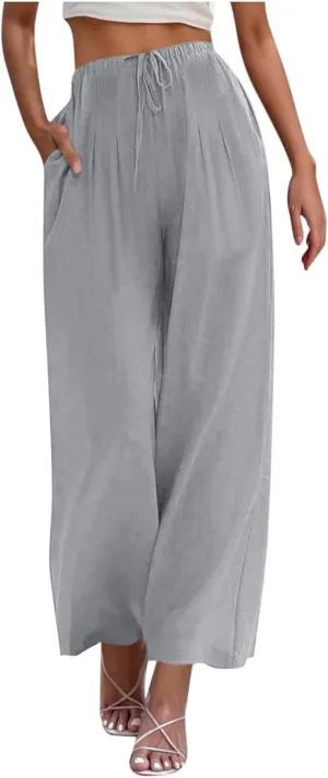 Wide Leg Palazzo Pants for Women High Elastic Waist Flowy Linen Pants Drawstring Loose Beach Trousers with Pockets