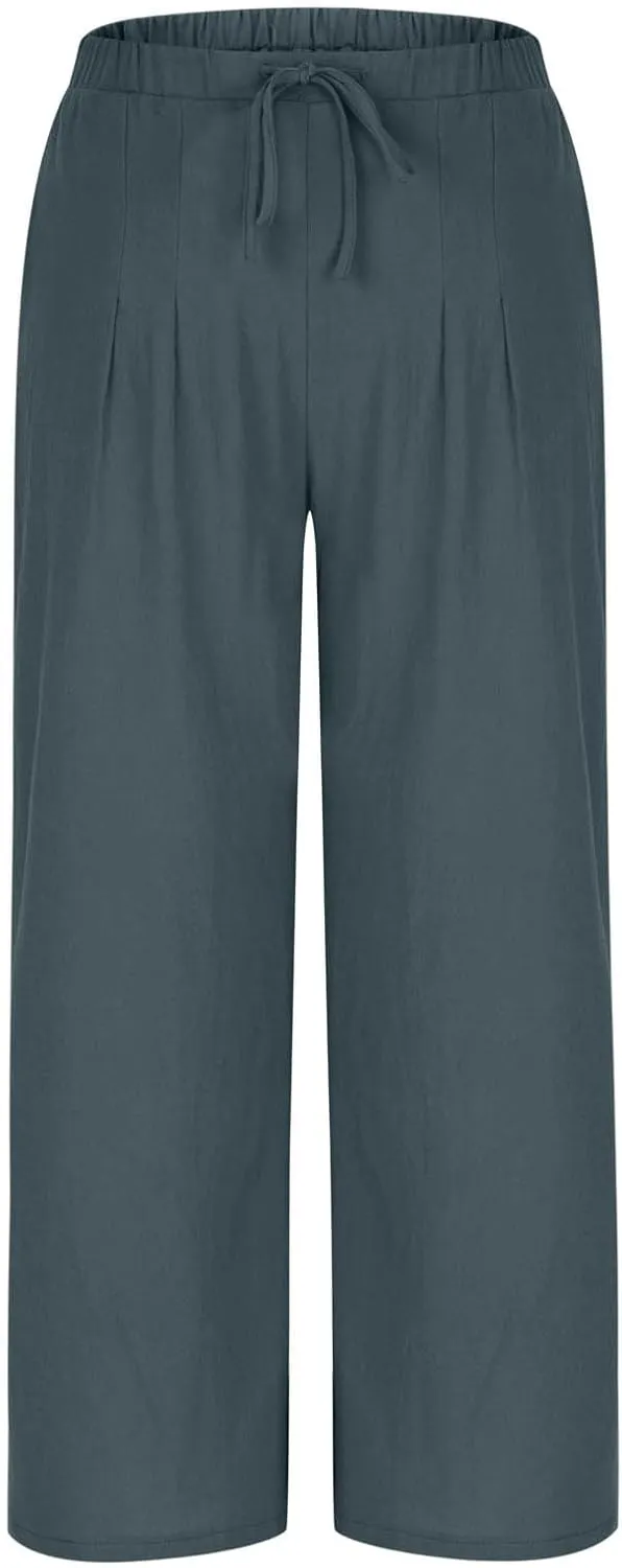Wide Leg Palazzo Pants for Women High Elastic Waist Flowy Linen Pants Drawstring Loose Beach Trousers with Pockets