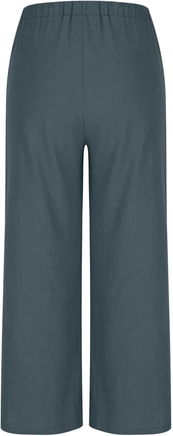 Wide Leg Palazzo Pants for Women High Elastic Waist Flowy Linen Pants Drawstring Loose Beach Trousers with Pockets