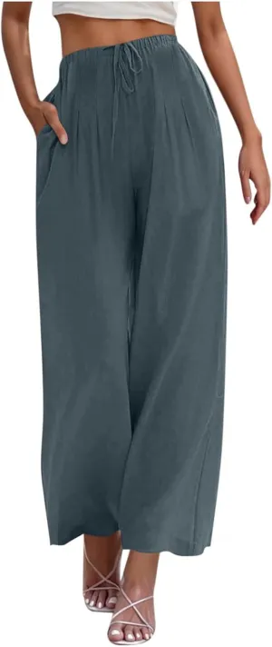 Wide Leg Palazzo Pants for Women High Elastic Waist Flowy Linen Pants Drawstring Loose Beach Trousers with Pockets