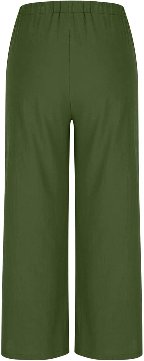 Wide Leg Palazzo Pants for Women High Elastic Waist Flowy Linen Pants Drawstring Loose Beach Trousers with Pockets
