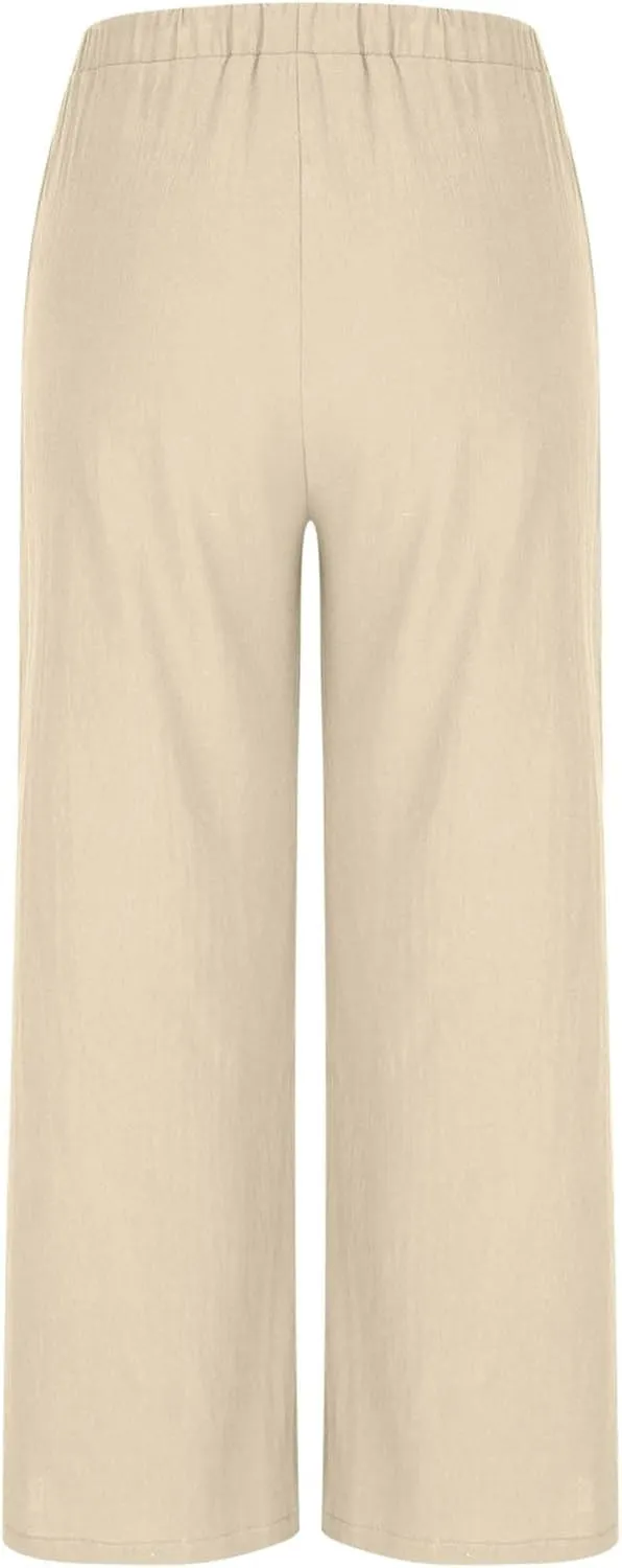 Wide Leg Palazzo Pants for Women High Elastic Waist Flowy Linen Pants Drawstring Loose Beach Trousers with Pockets