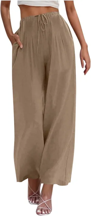 Wide Leg Palazzo Pants for Women High Elastic Waist Flowy Linen Pants Drawstring Loose Beach Trousers with Pockets