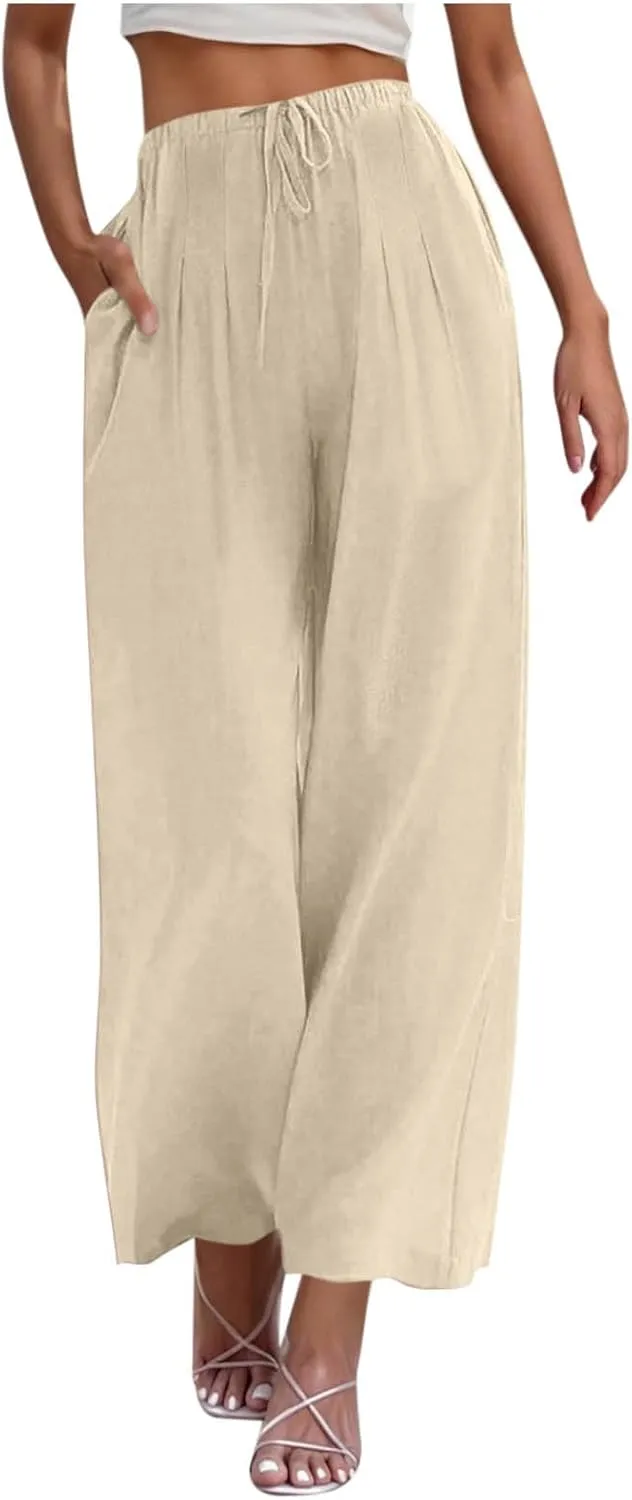 Wide Leg Palazzo Pants for Women High Elastic Waist Flowy Linen Pants Drawstring Loose Beach Trousers with Pockets