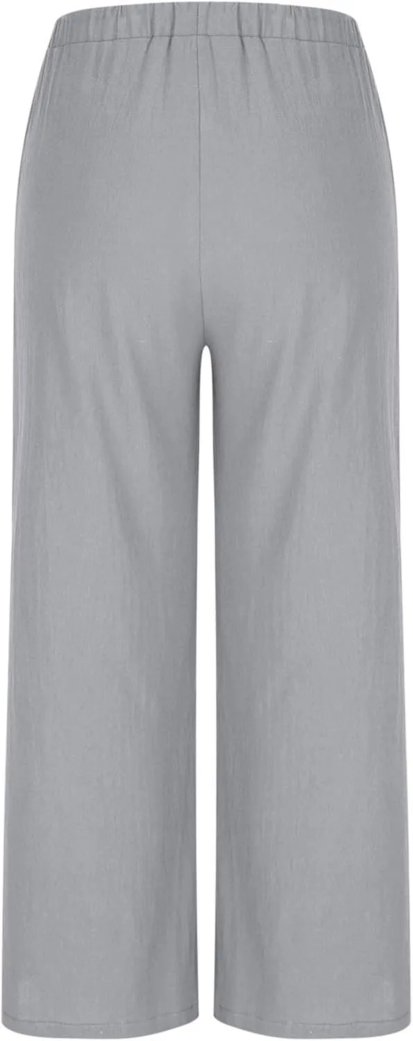 Wide Leg Palazzo Pants for Women High Elastic Waist Flowy Linen Pants Drawstring Loose Beach Trousers with Pockets