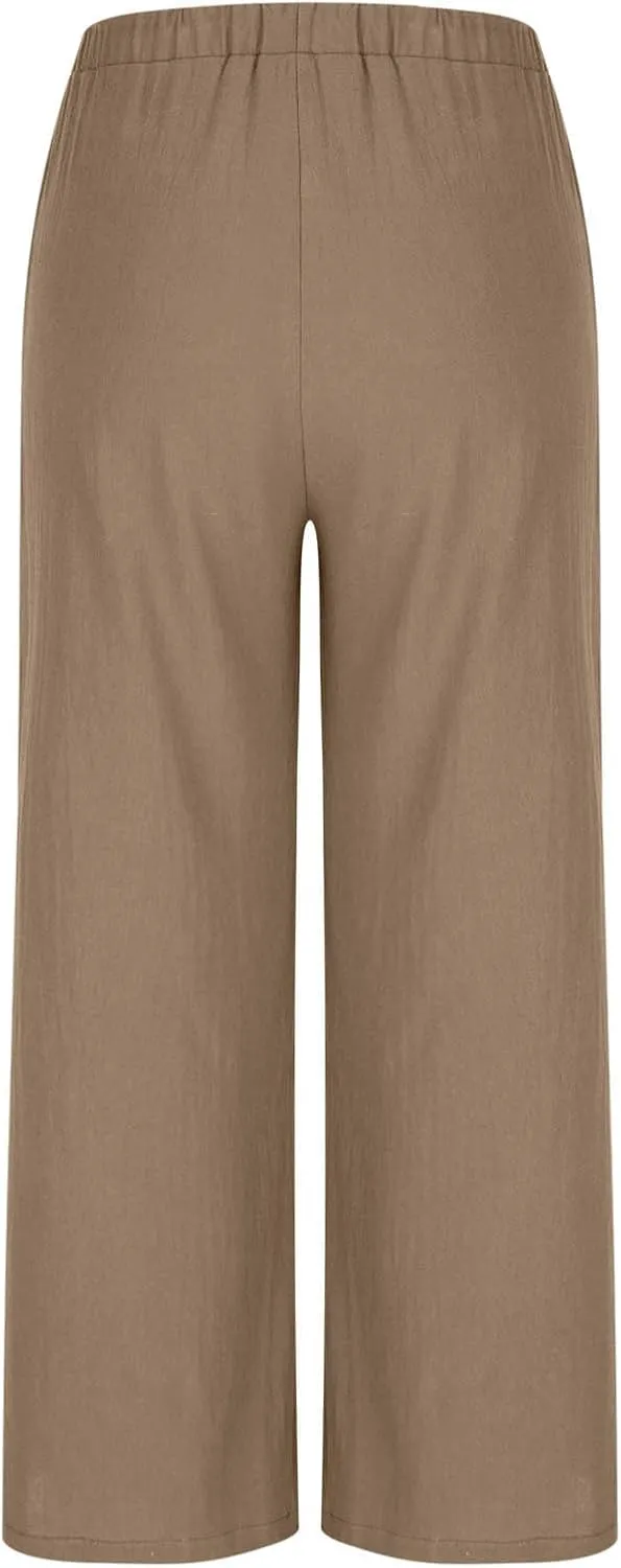 Wide Leg Palazzo Pants for Women High Elastic Waist Flowy Linen Pants Drawstring Loose Beach Trousers with Pockets