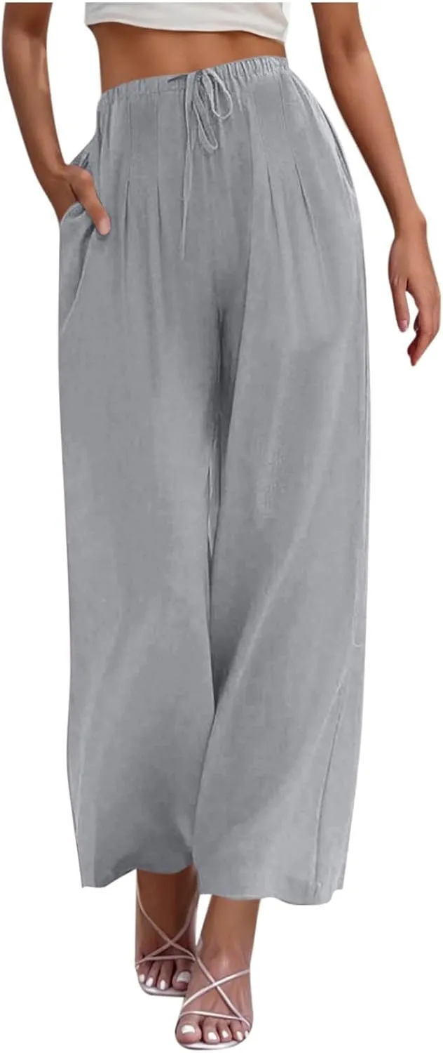 Wide Leg Palazzo Pants for Women High Elastic Waist Flowy Linen Pants Drawstring Loose Beach Trousers with Pockets
