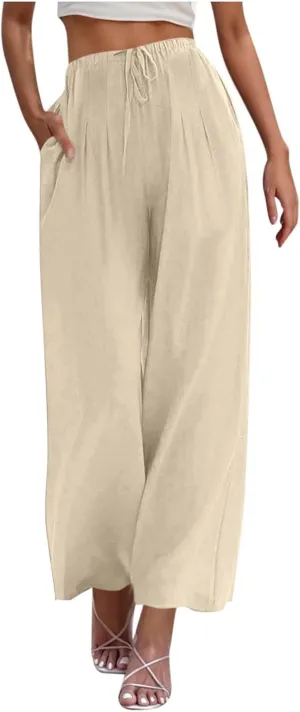Wide Leg Palazzo Pants for Women High Elastic Waist Flowy Linen Pants Drawstring Loose Beach Trousers with Pockets