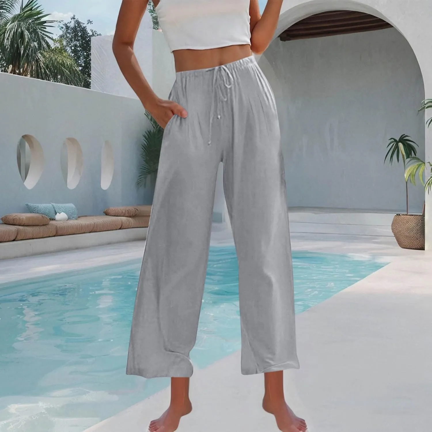 Wide Leg Palazzo Pants for Women High Elastic Waist Flowy Linen Pants Drawstring Loose Beach Trousers with Pockets