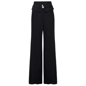 Wide Leg Wool Pants with Pearl - Black