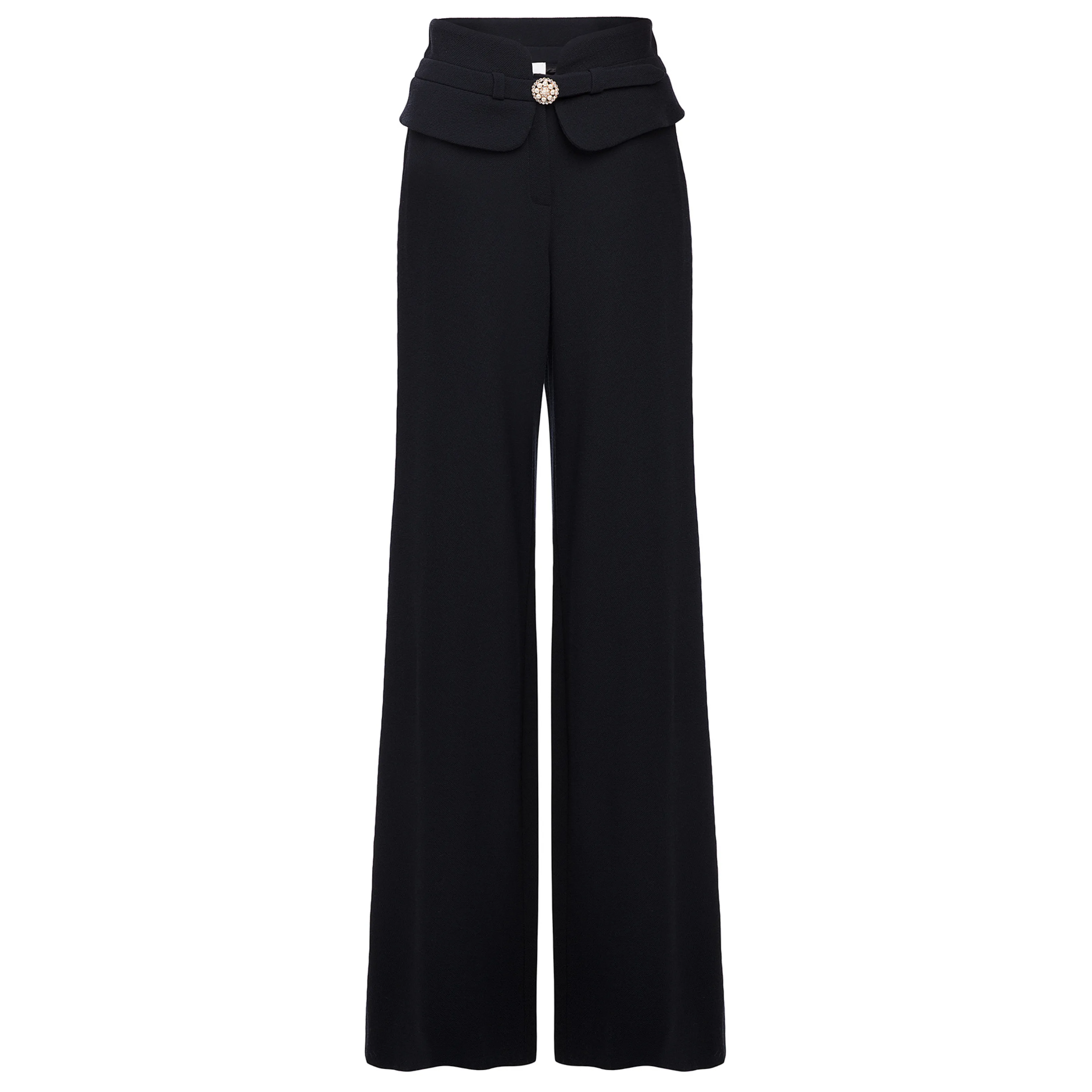 Wide Leg Wool Pants with Pearl - Black