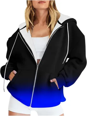Winter Coats for Women Patchwork Color Cardigan Sweatshirts Long Sleeve Drawstring Hoodies with Pockets Jackets