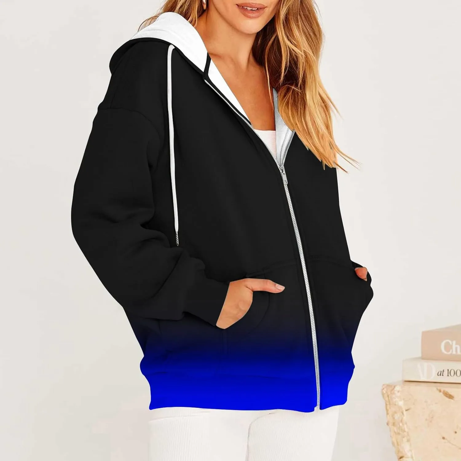 Winter Coats for Women Patchwork Color Cardigan Sweatshirts Long Sleeve Drawstring Hoodies with Pockets Jackets