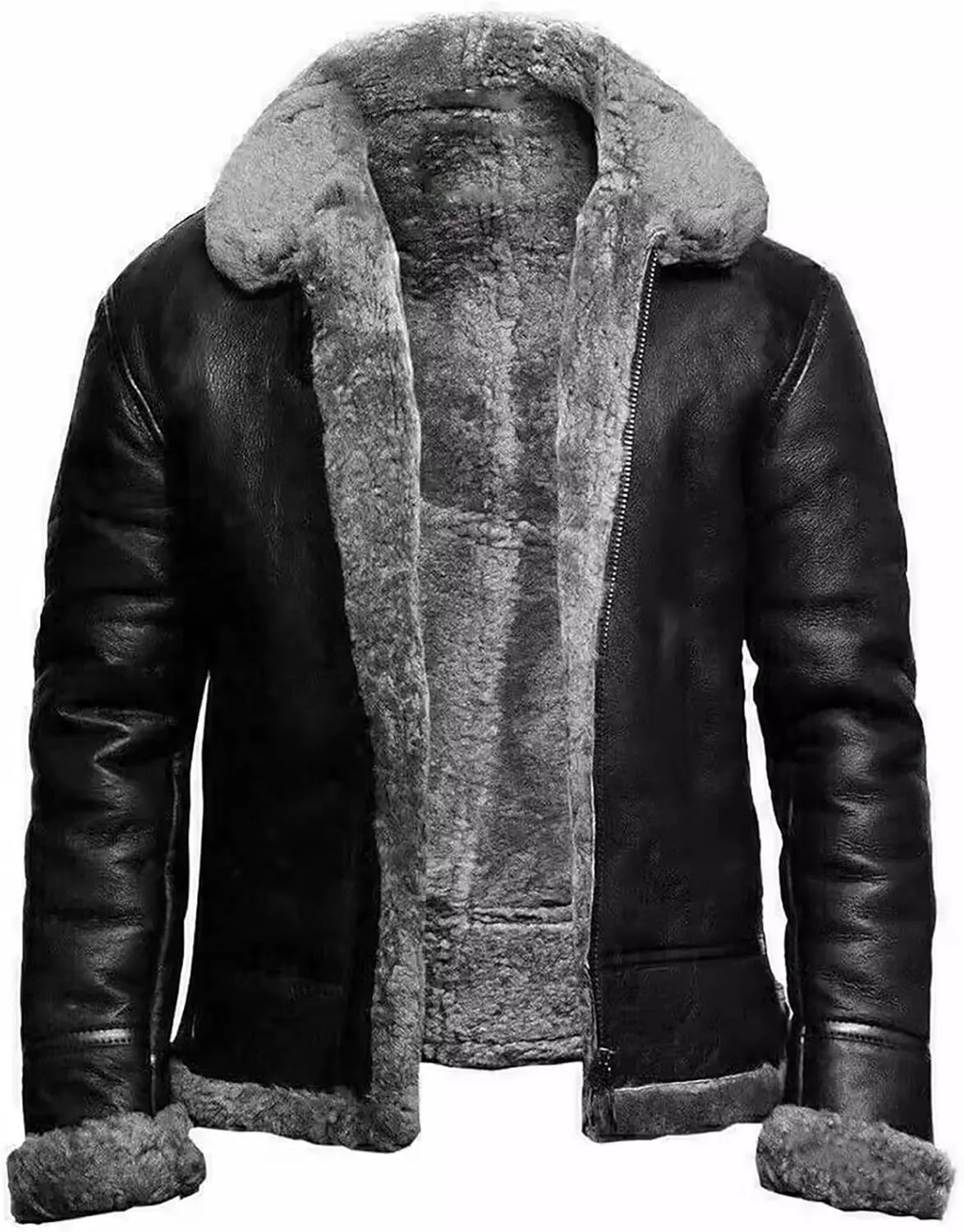 Winter Fuzzy Sherpa Faux Leather Coat for Men Fleece Lined Fur Collar Motorcycle Jacket Warm Thicken Bomber Overcoat