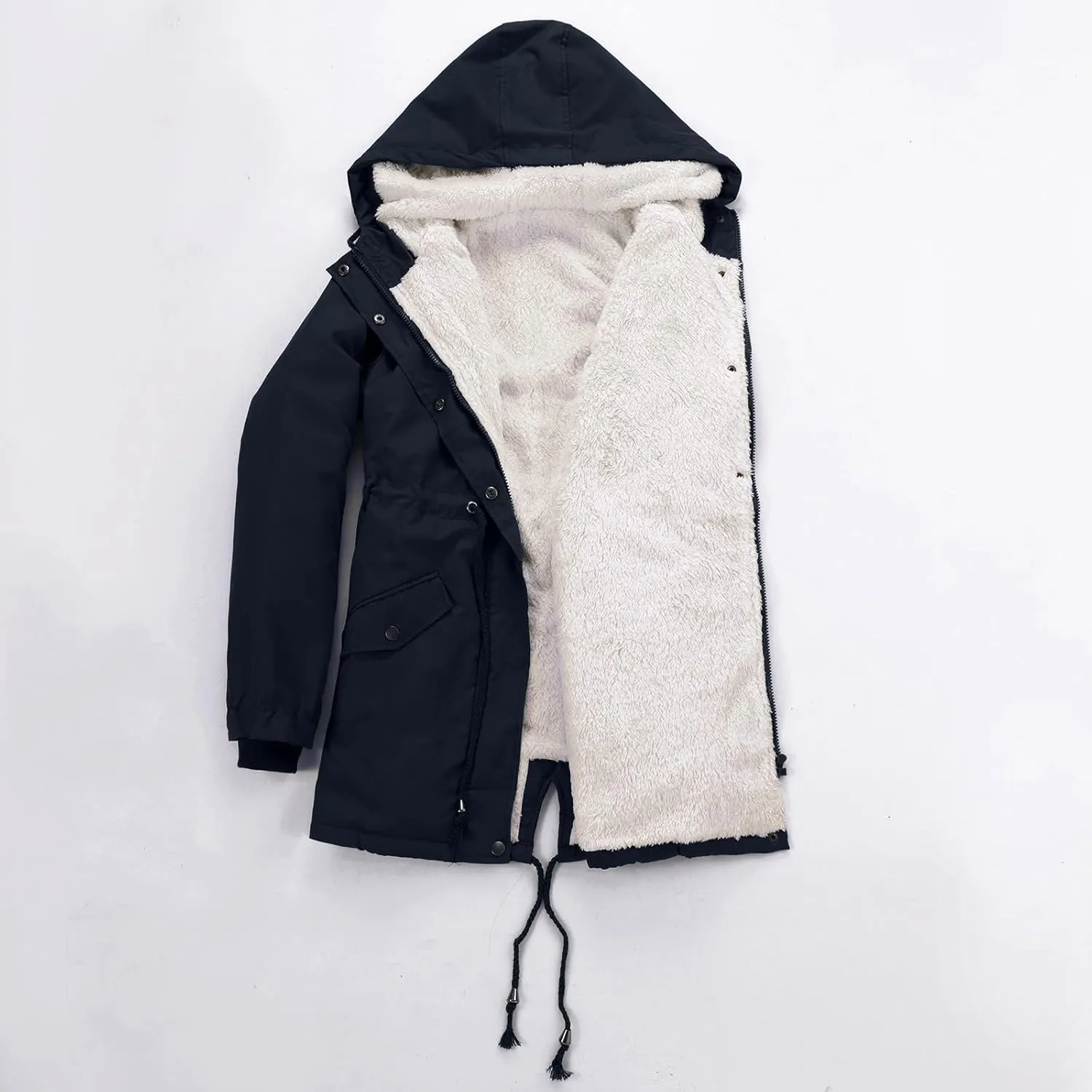 Winter Jackets for Women Drawstring Hooded Sweatshirt Coats Fuzzy Fleece Padded Slim Fit Zip Up Jacket with Pockets