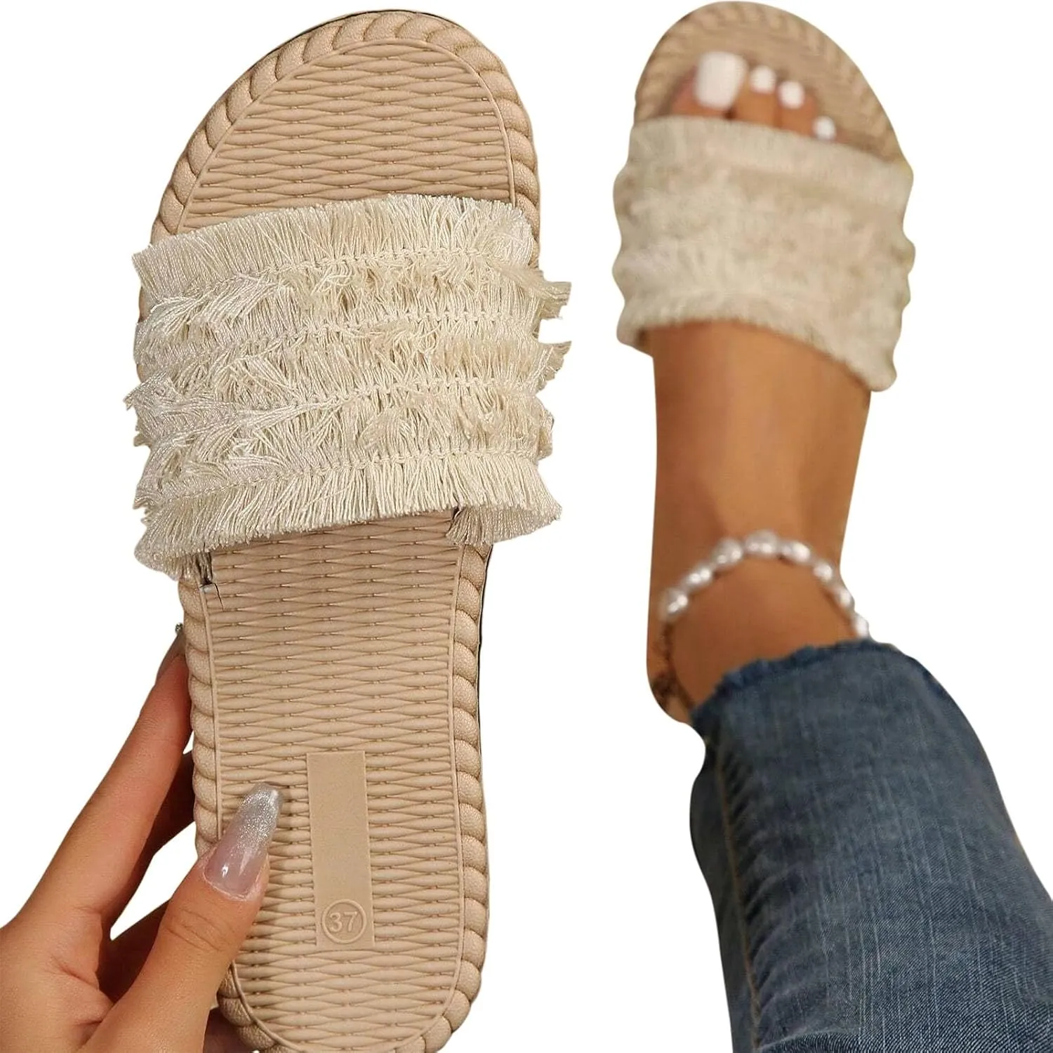 Women Bohemian Fringe Slide Sandals Summer Dressy Slip on Flat Slides Boho Beach Slippers Comfort Sandal for Vacation