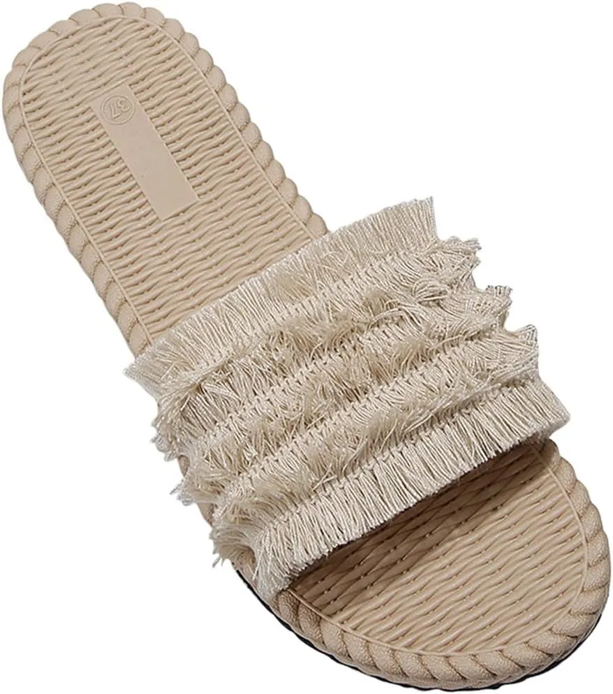 Women Bohemian Fringe Slide Sandals Summer Dressy Slip on Flat Slides Boho Beach Slippers Comfort Sandal for Vacation
