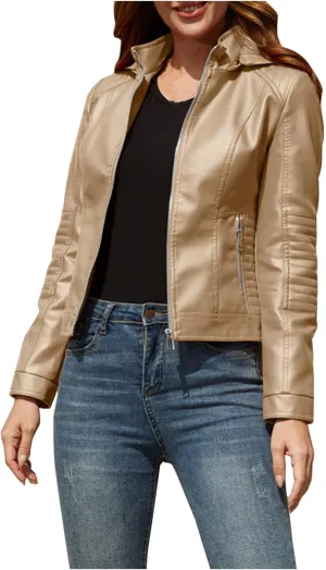 Women Faux Leather Jacket Zip Up Motorcycle Short PU Moto Biker Outwear Fitted Slim Coat Fashion Racer Cropped Jacket