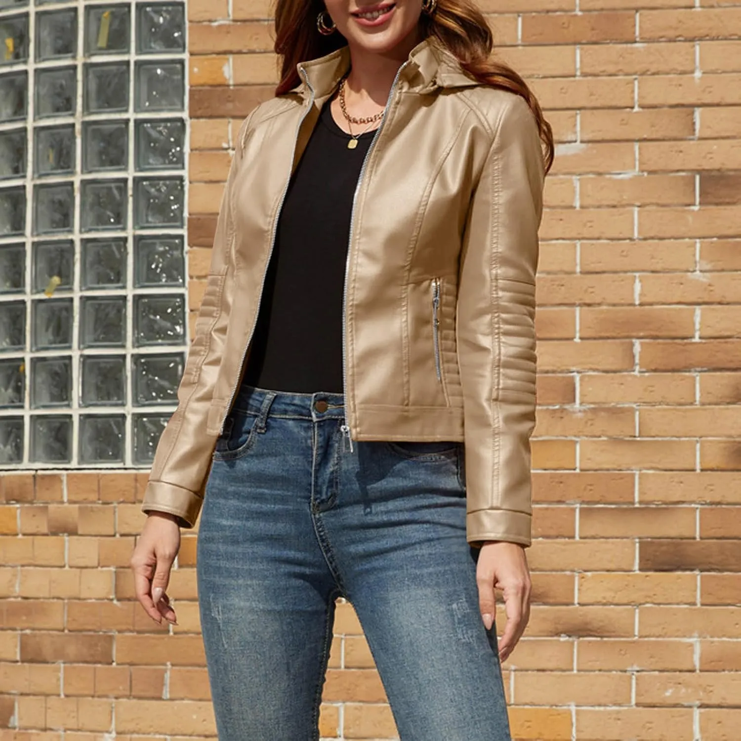 Women Faux Leather Jacket Zip Up Motorcycle Short PU Moto Biker Outwear Fitted Slim Coat Fashion Racer Cropped Jacket
