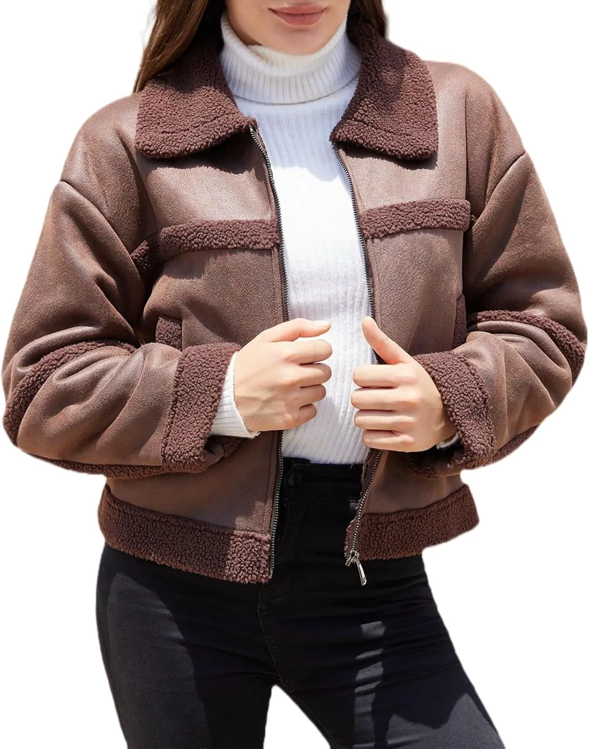 Women Faux Leather Suede Jacket Winter Long Sleeve Furry Trim Parka Moto Biker Sherpa-Lined Coat with Fur Collar