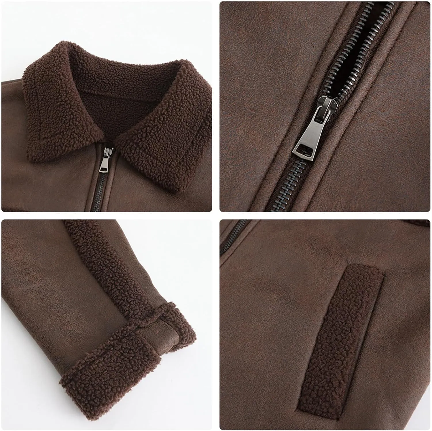 Women Faux Leather Suede Jacket Winter Long Sleeve Furry Trim Parka Moto Biker Sherpa-Lined Coat with Fur Collar