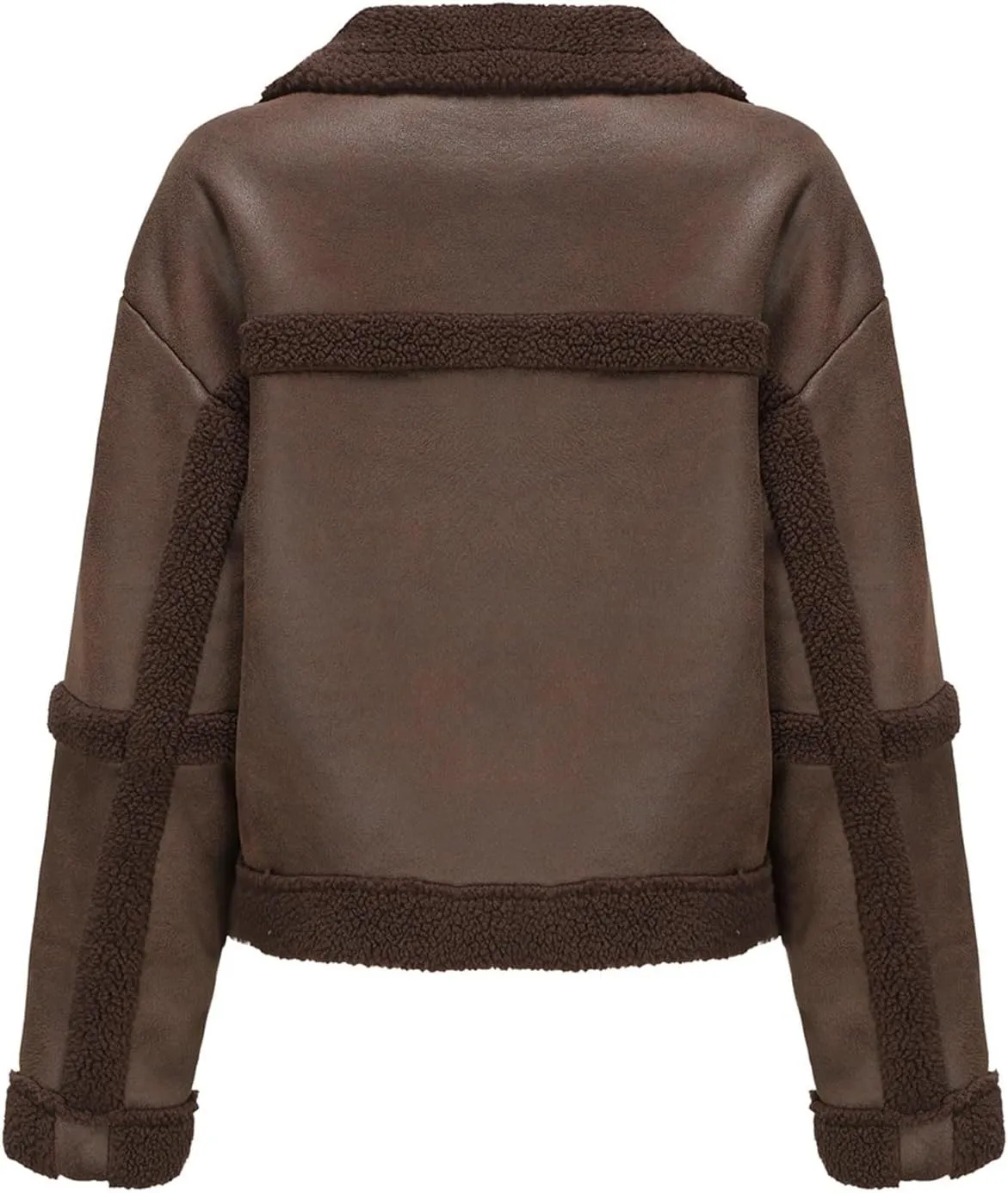 Women Faux Leather Suede Jacket Winter Long Sleeve Furry Trim Parka Moto Biker Sherpa-Lined Coat with Fur Collar