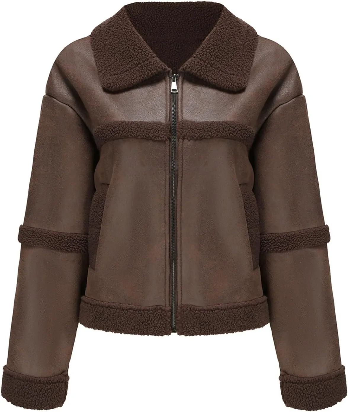 Women Faux Leather Suede Jacket Winter Long Sleeve Furry Trim Parka Moto Biker Sherpa-Lined Coat with Fur Collar