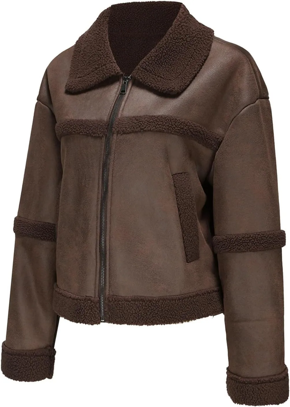 Women Faux Leather Suede Jacket Winter Long Sleeve Furry Trim Parka Moto Biker Sherpa-Lined Coat with Fur Collar