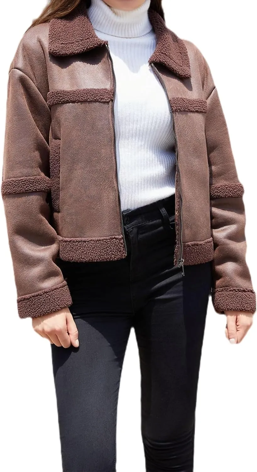 Women Faux Leather Suede Jacket Winter Long Sleeve Furry Trim Parka Moto Biker Sherpa-Lined Coat with Fur Collar
