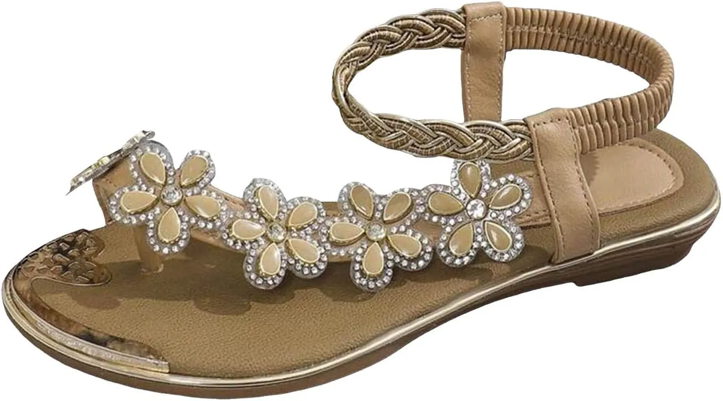 Women Flat Floral Flip Flops Boho Casual Shoes Women's Orthopaedic Sandals Elegant Cork Sandals for Women Suede (Khaki, 9)