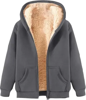 Women Fleece Lined Hoodies Zip Up Sherpa Thick Cardigan Jackets Warm Fluffy Cozy Hooded Jackets Winter Coat with Pocket