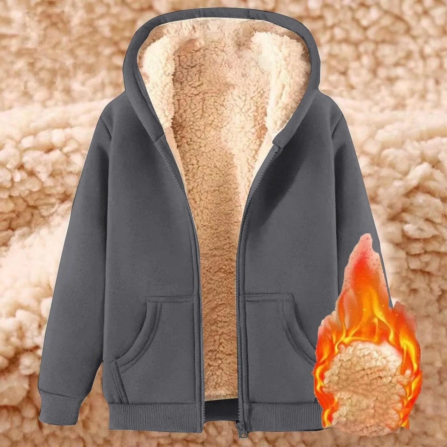 Women Fleece Lined Hoodies Zip Up Sherpa Thick Cardigan Jackets Warm Fluffy Cozy Hooded Jackets Winter Coat with Pocket