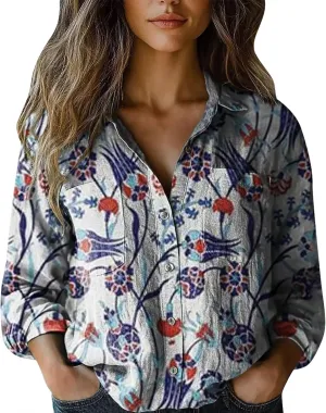 Women Linen Shirts Autumn and Winter Work Daily Long Sleeved Slim Light Blue Shirt Top Women Blouses Linen Blouses