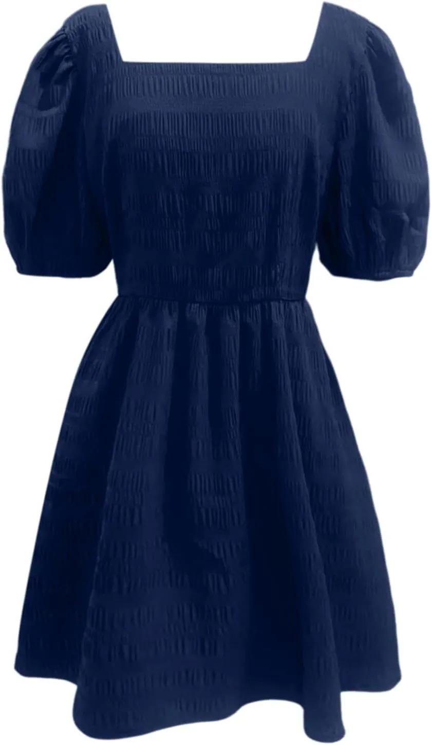 Women's 2025 Summer Boho Dresses A Line Square Neck Ruffle Swing Beach Long Mini Dress Cute Puff Short Sleeve Dress