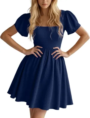 Women's 2025 Summer Boho Dresses A Line Square Neck Ruffle Swing Beach Long Mini Dress Cute Puff Short Sleeve Dress