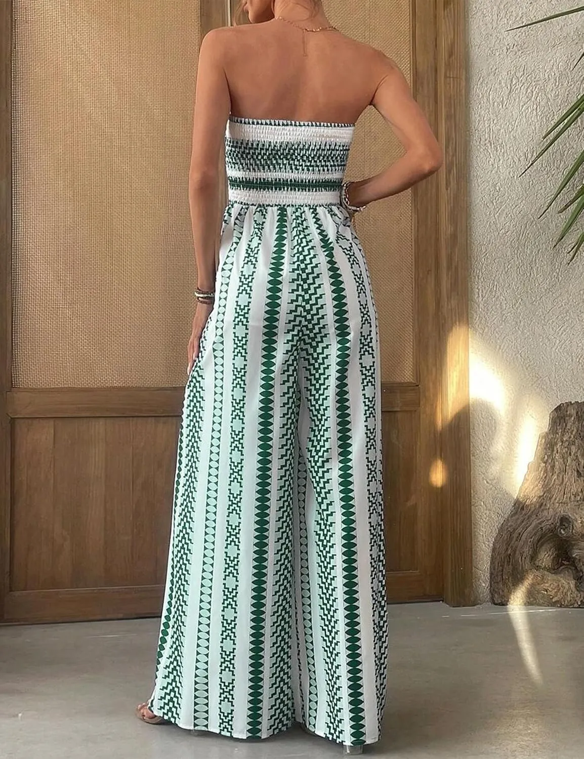 Womens Boho Wide Leg Strapless Jumpsuit For Women Summer Split Thigh Smocked Sleeveless Backless Long Pants Romper