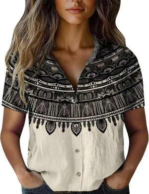 Womens Button Down Linen Shirt Colorful Stripe Print Short Sleeve Boho V Neck Collared Button-up Gauze Tops