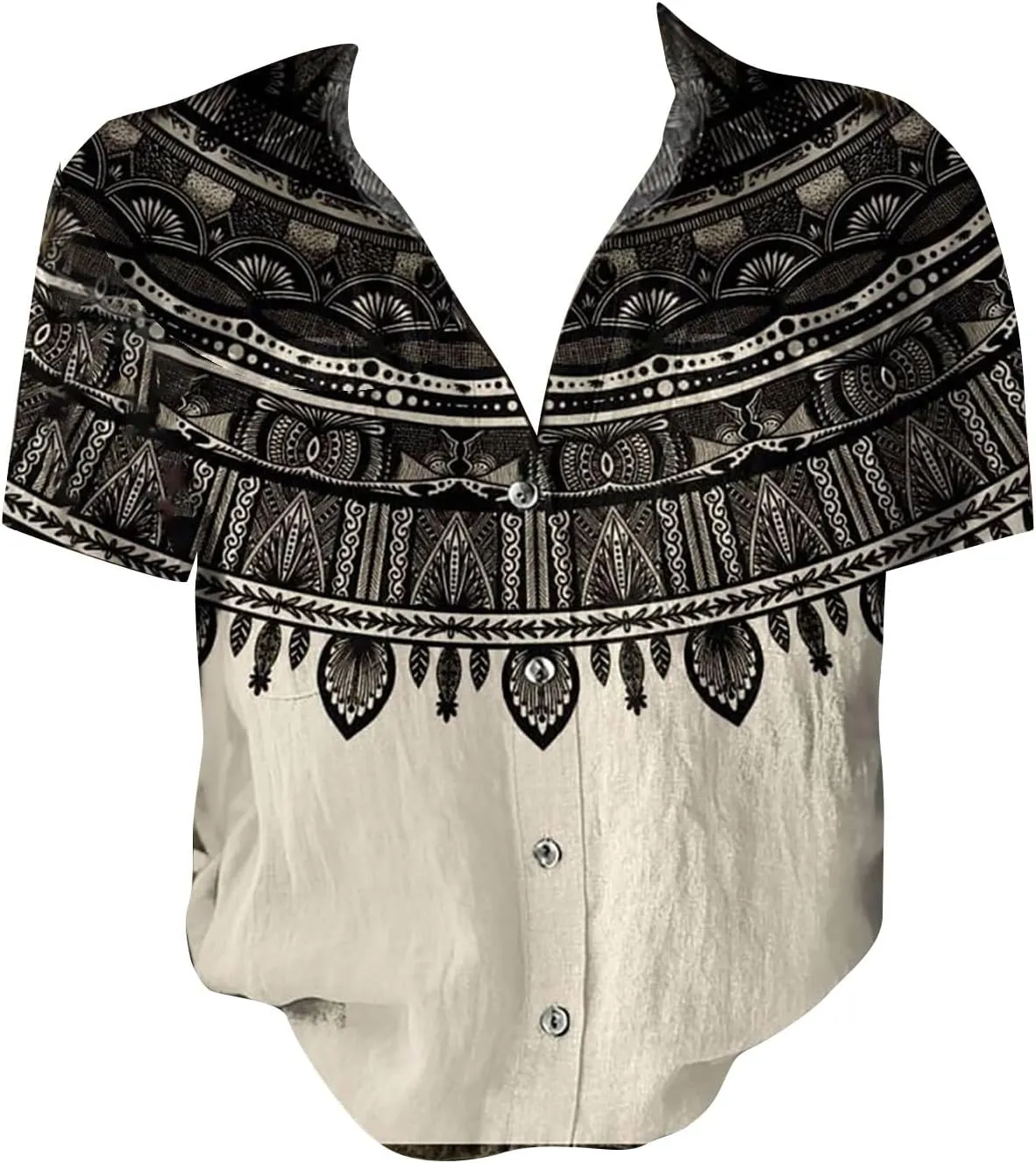 Womens Button Down Linen Shirt Colorful Stripe Print Short Sleeve Boho V Neck Collared Button-up Gauze Tops