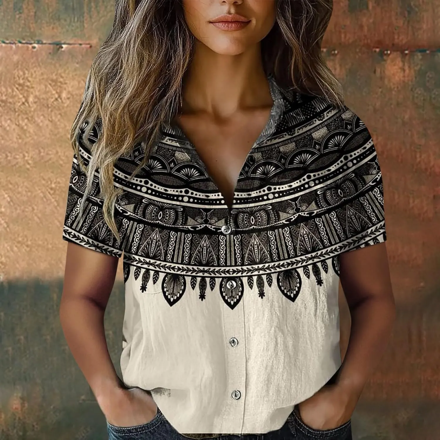 Womens Button Down Linen Shirt Colorful Stripe Print Short Sleeve Boho V Neck Collared Button-up Gauze Tops
