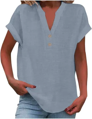 Womens Button Down Shirts Cotton Linen Short Sleeve V-Neck Shirts Solid Color Casual Loose Fit Work Blouse Tops