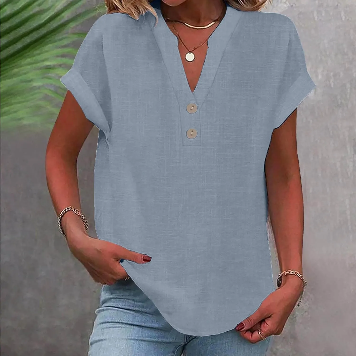 Womens Button Down Shirts Cotton Linen Short Sleeve V-Neck Shirts Solid Color Casual Loose Fit Work Blouse Tops